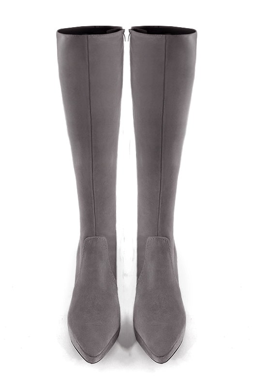 Pebble grey women's feminine knee-high boots. Tapered toe. Very high slim heel with a platform at the front. Made to measure. Top view - Florence KOOIJMAN